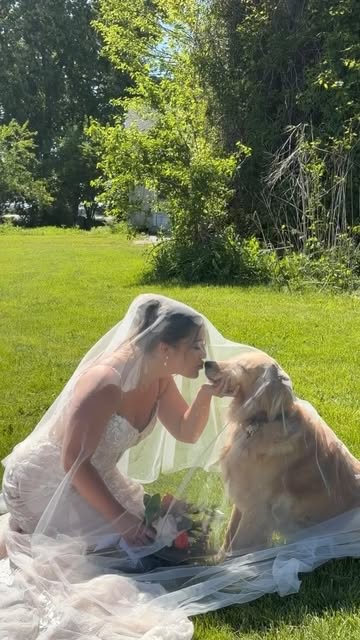 A bride kissing her golden retriever beneath her veil